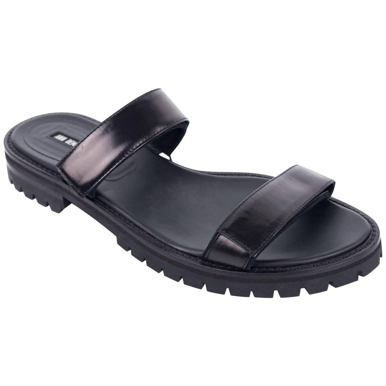 Ann Demeulemeester Black Leather Velcro Strap Sandals For Sale