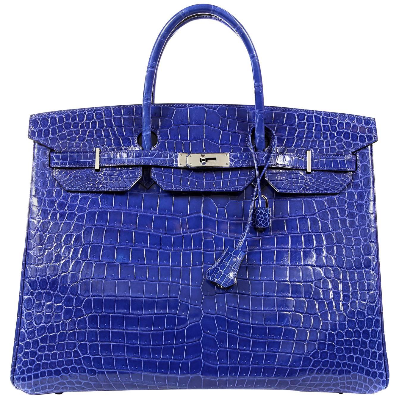 Hermès Blue Electrique Porosus Crocodile 40 cm Birkin Bag- Palladium HW