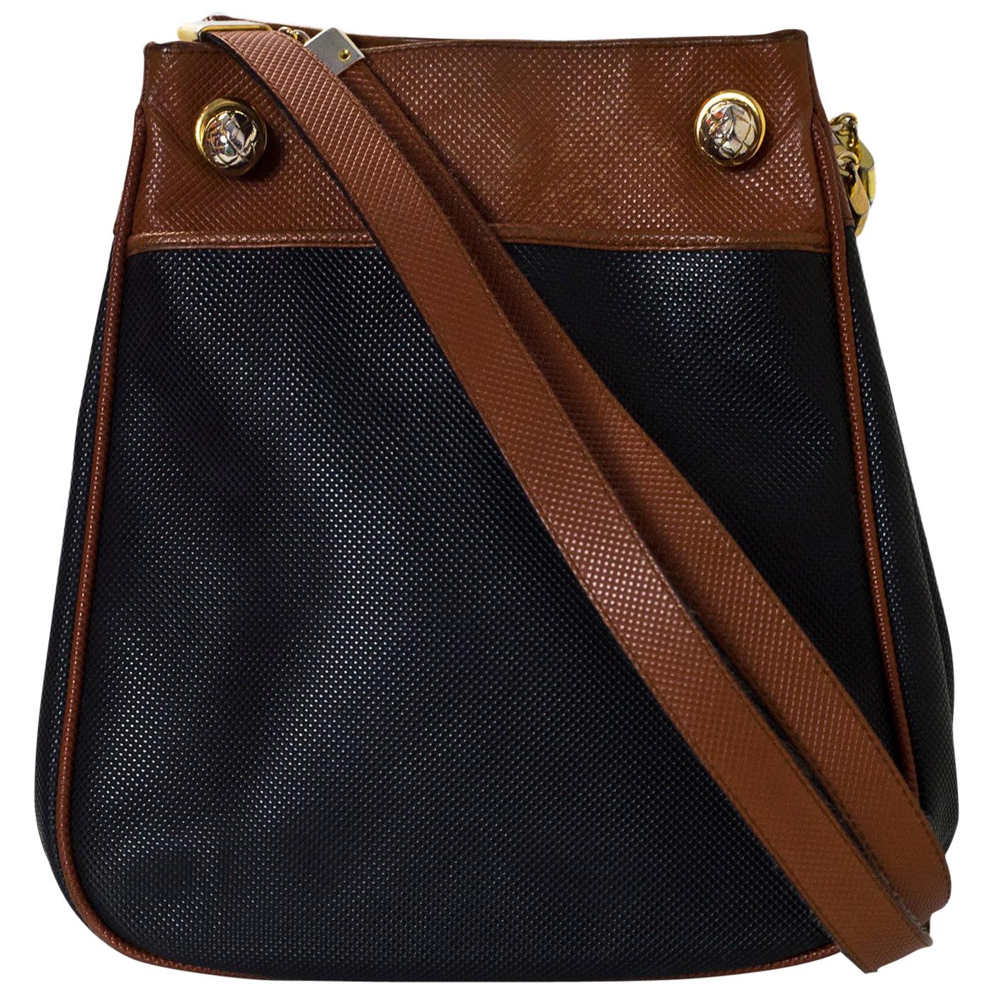 Bottega Veneta Vintage Navy & Tan Embossed Leather Shoulder Bag