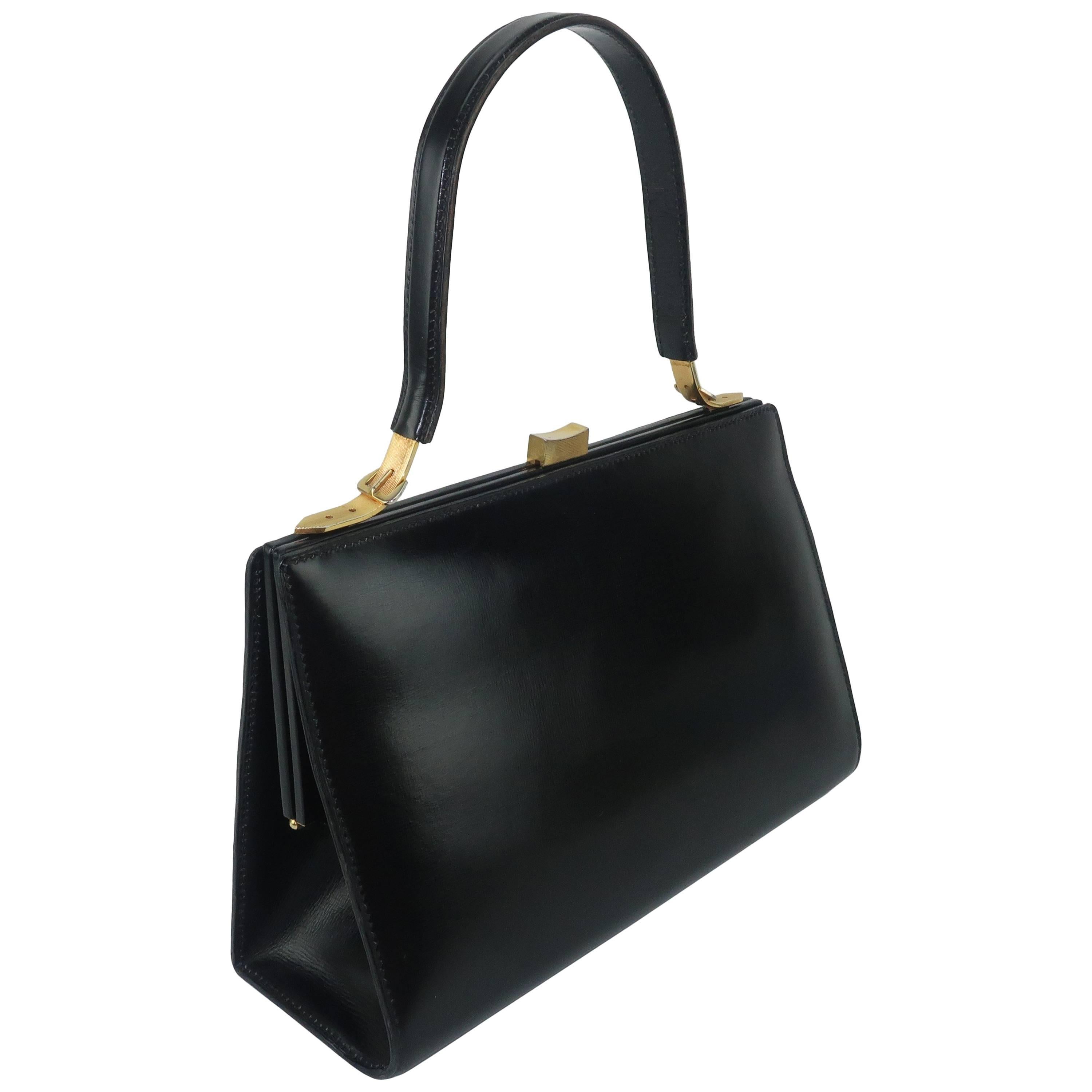 Lancel Black Leather Handbag With Buckle Handle, 1950s 