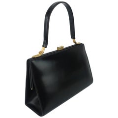 Vintage Lancel Black Leather Handbag With Buckle Handle, 1950s 