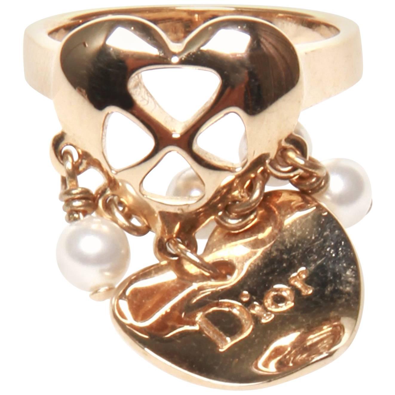 Christian Dior Heart and Pearl Charm Ring