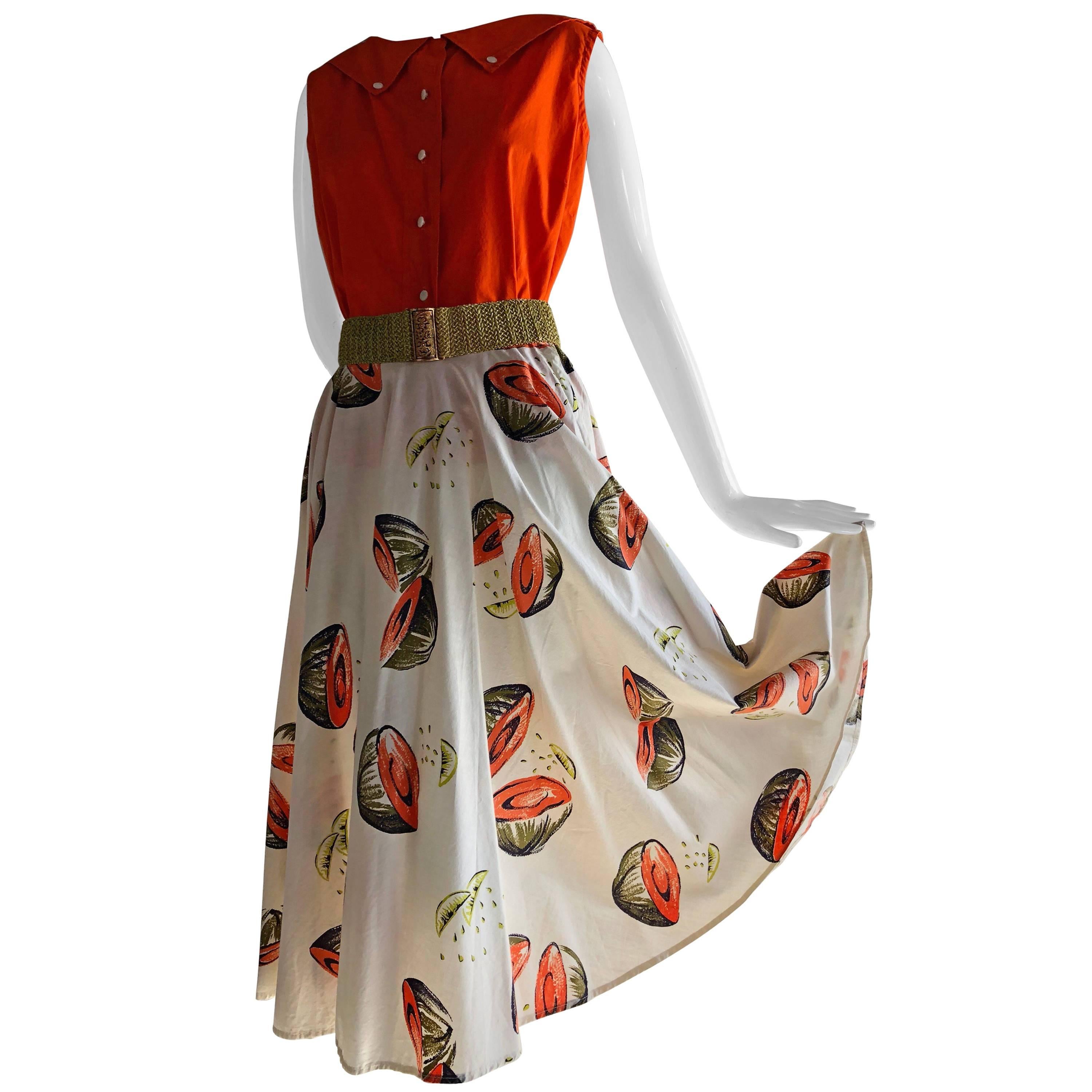 1950s Novelty Sportswear Print Circle Skirt & Coordinating Color Cotton Top 