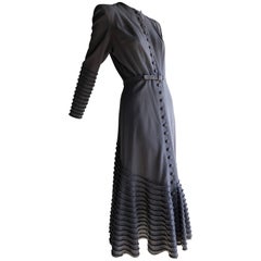 Nicholas Ungar Button-Down Slate Light Wool Trumpet Hem Jersey Dress, 1940s