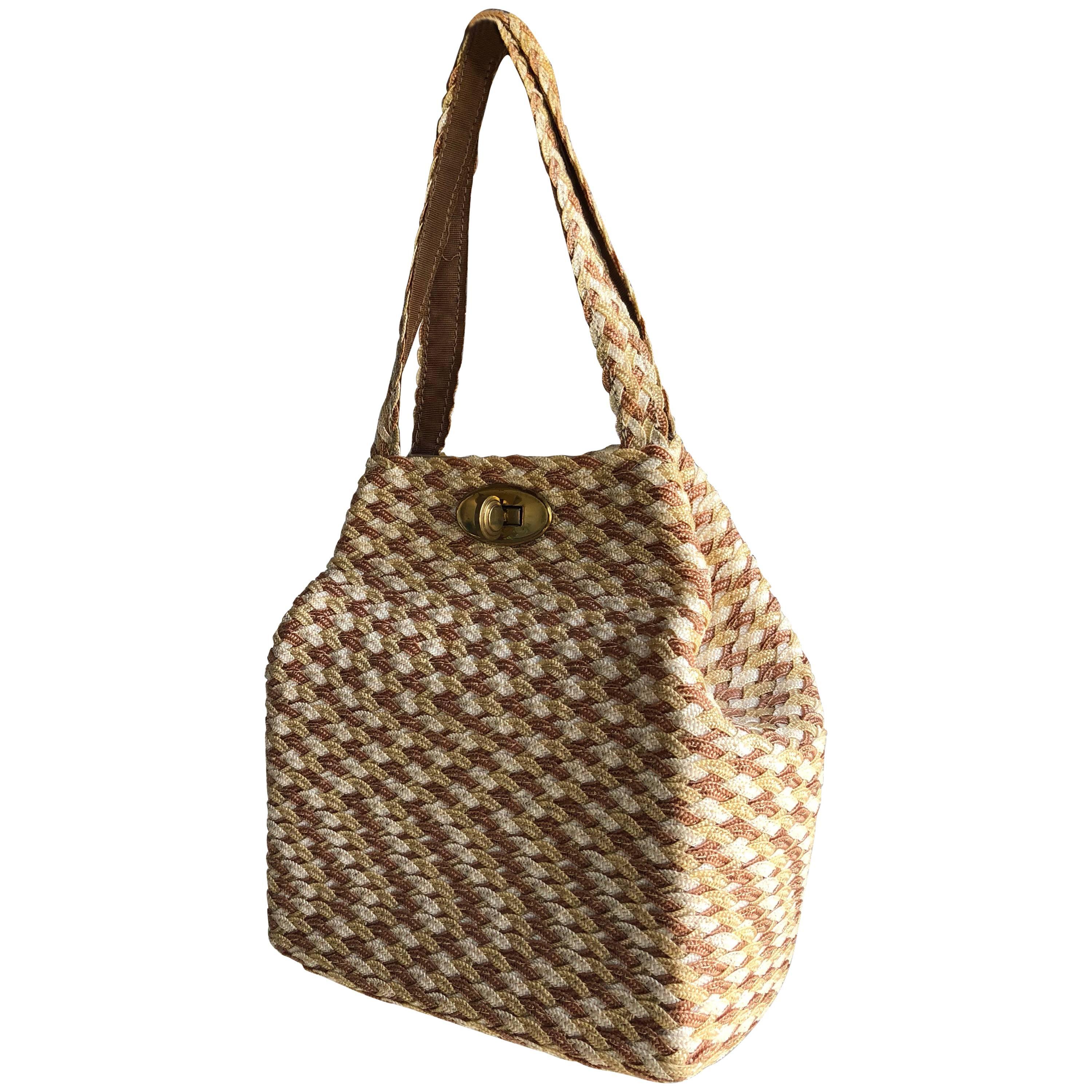 Tri-Tone Straw Woven Square Structured Handbag With Brass Toggle Closure, 1950s For Sale