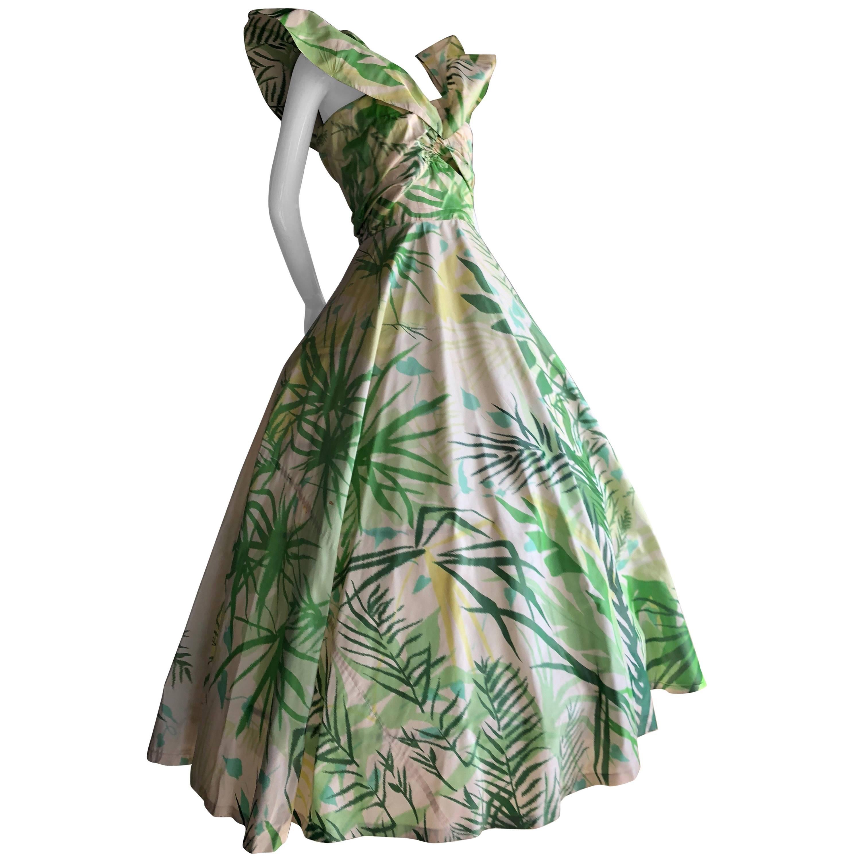 Adrian Original Full Skirted Summer Print Ball Gown with Winged Shoulders, 1952