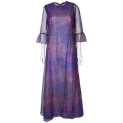 A vintage 1970s purple printed layered long party dress by Clive Byrne, London