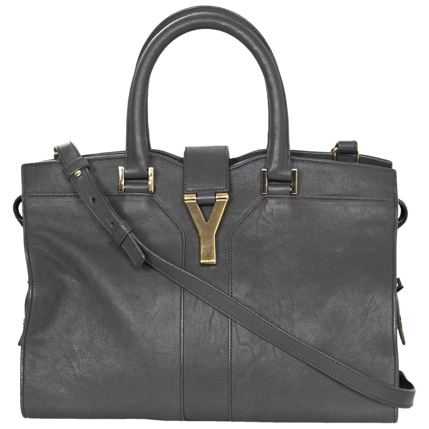 YSL Yves Saint Laurent Grey Leather Small Cabas ChYc Satchel Bag