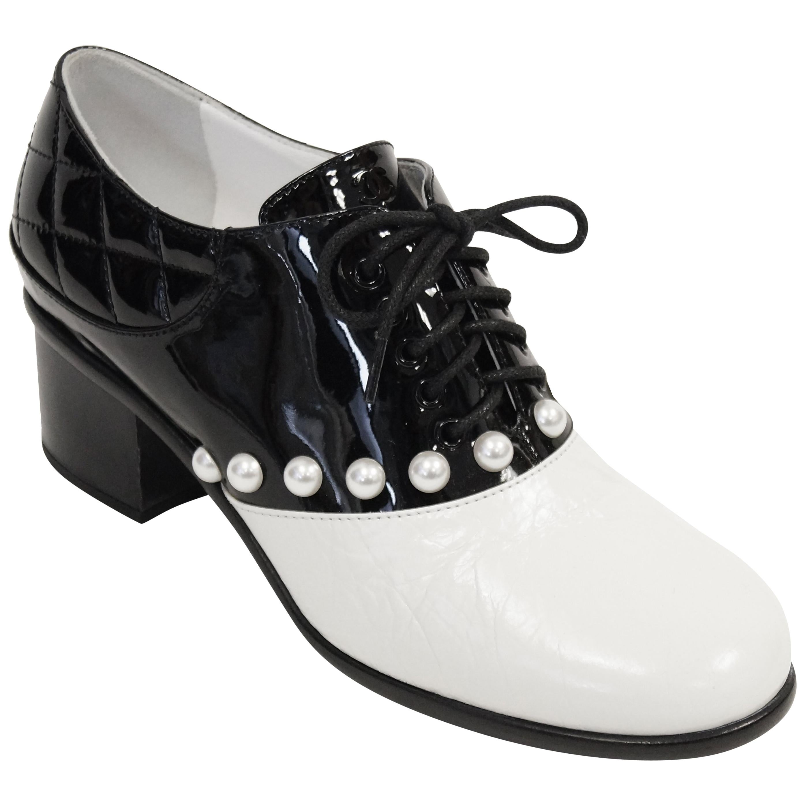 Chanel Black and White Patent Leather Pearl Oxfords, 2014 