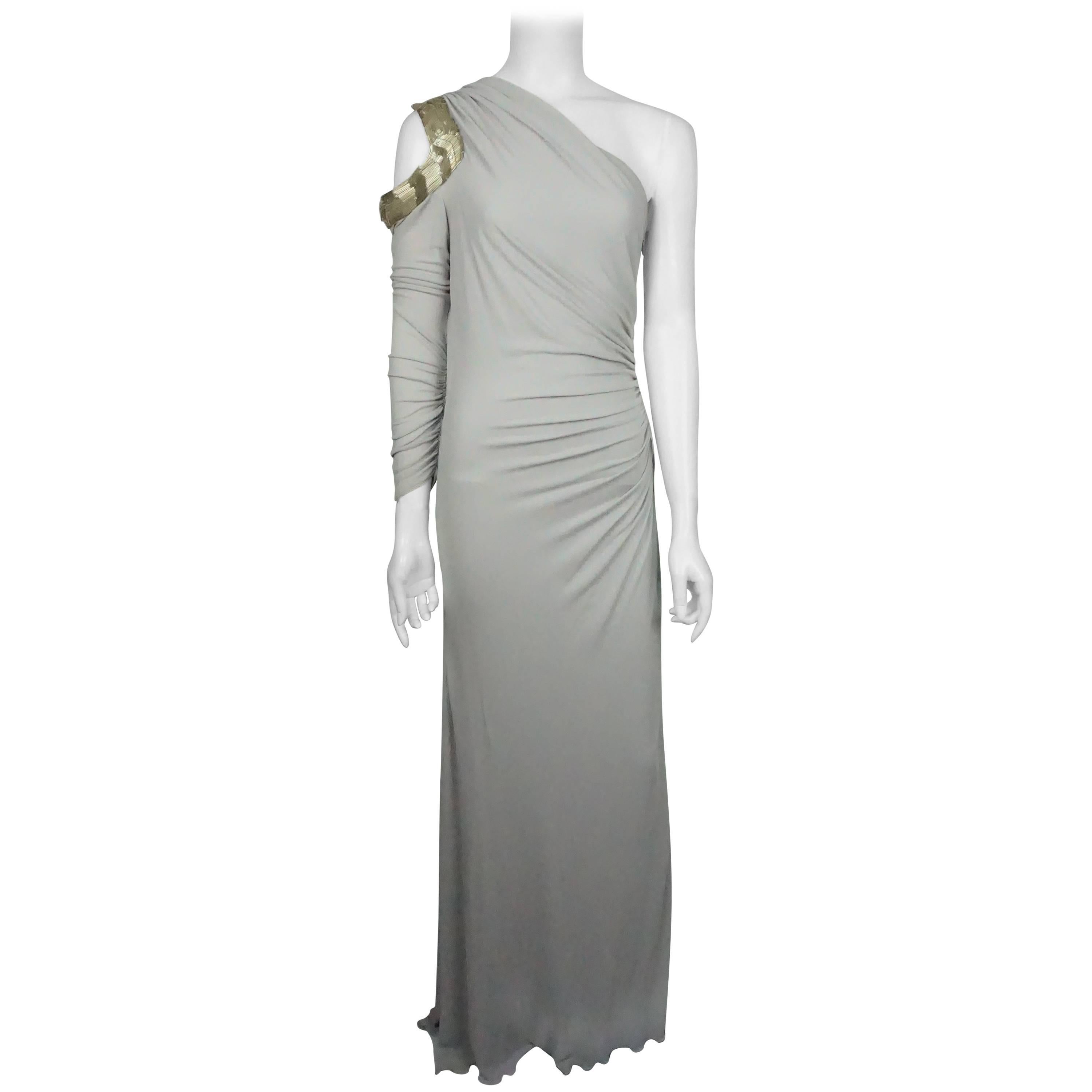 Roberto Cavalli Grey Silk Jersey One Shoulder Beaded Gown - 42 For Sale