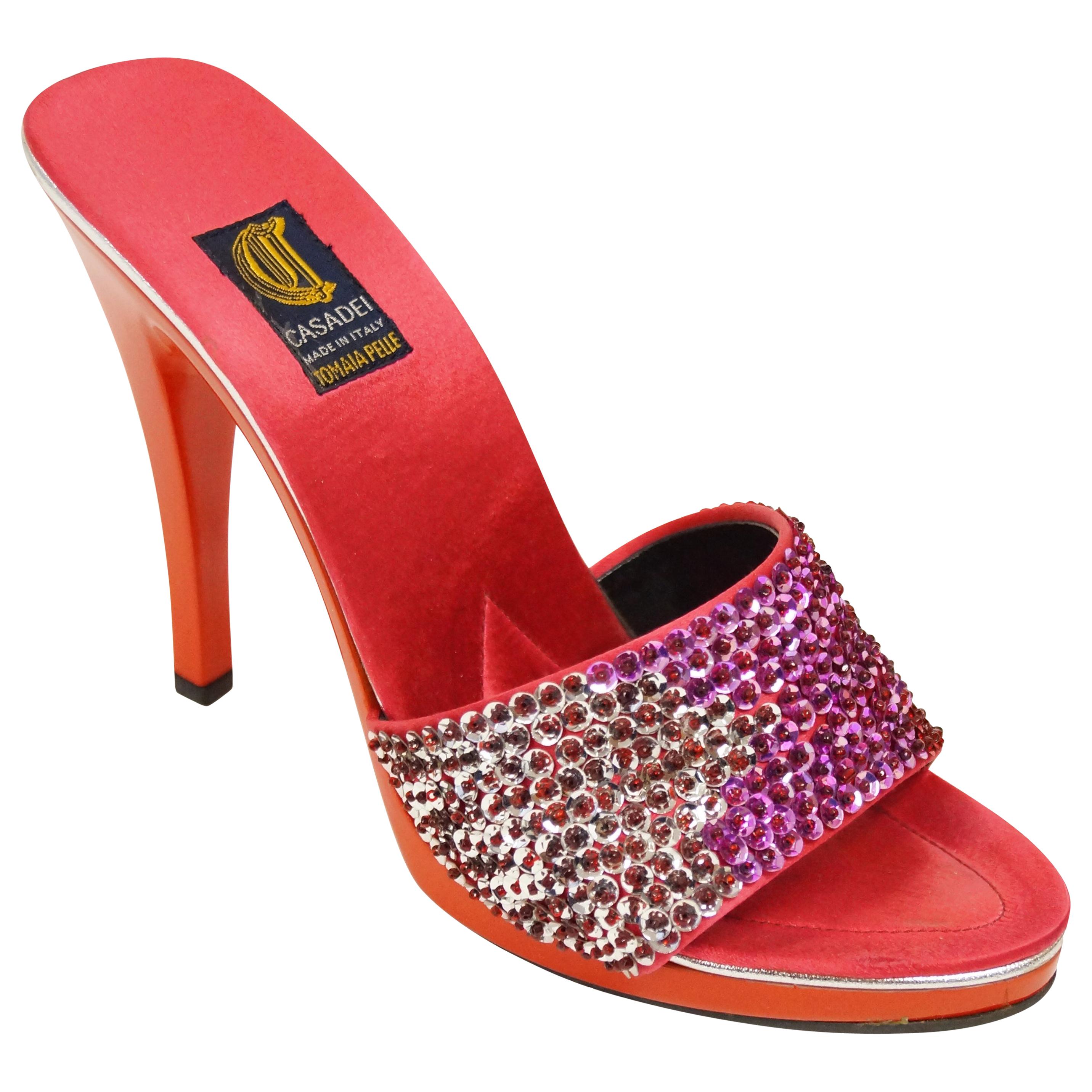 Casadei Red Satin and Sequin Sandals For Sale
