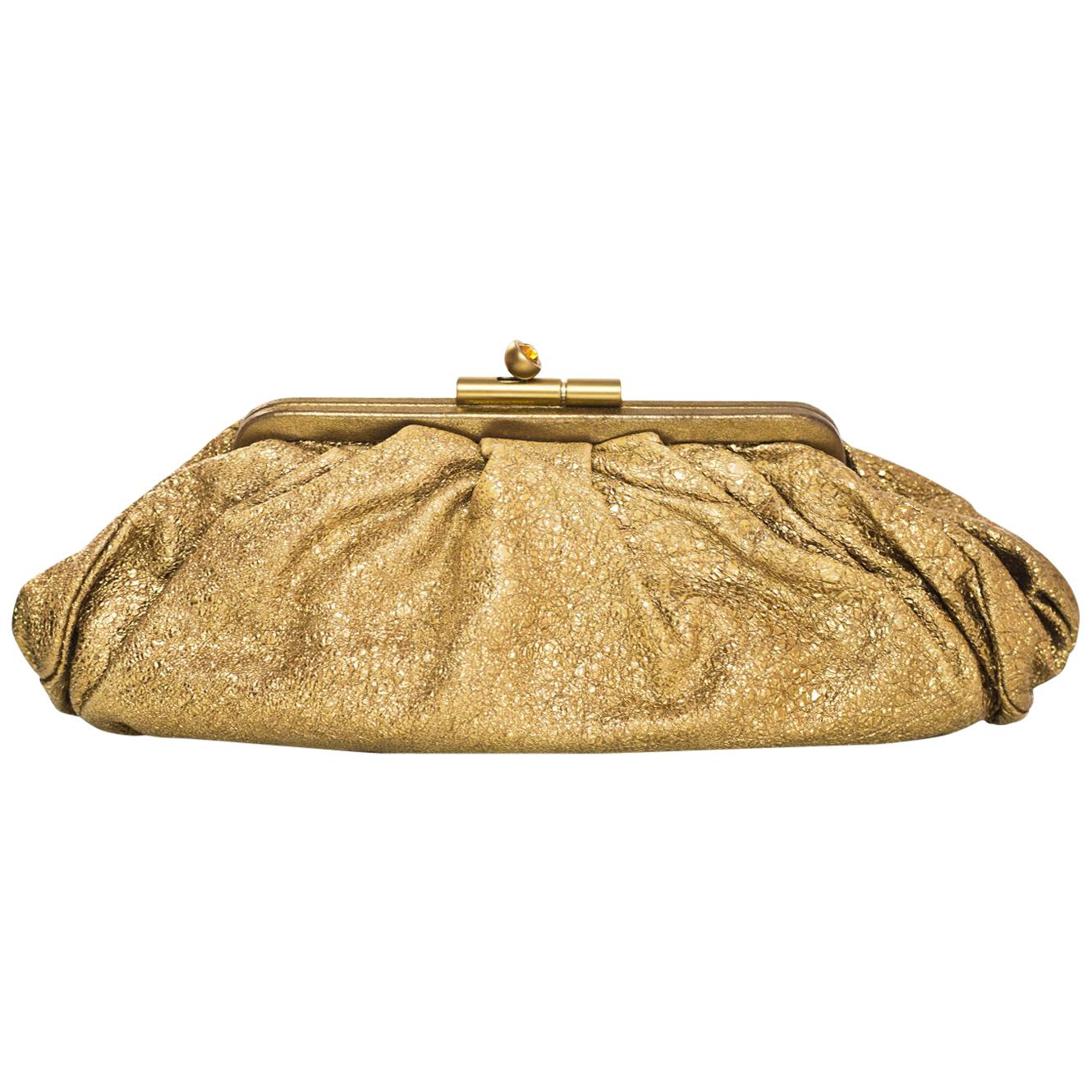 Chanel Gold Crackled Leather Clutch Bag with Box & Dust Bag