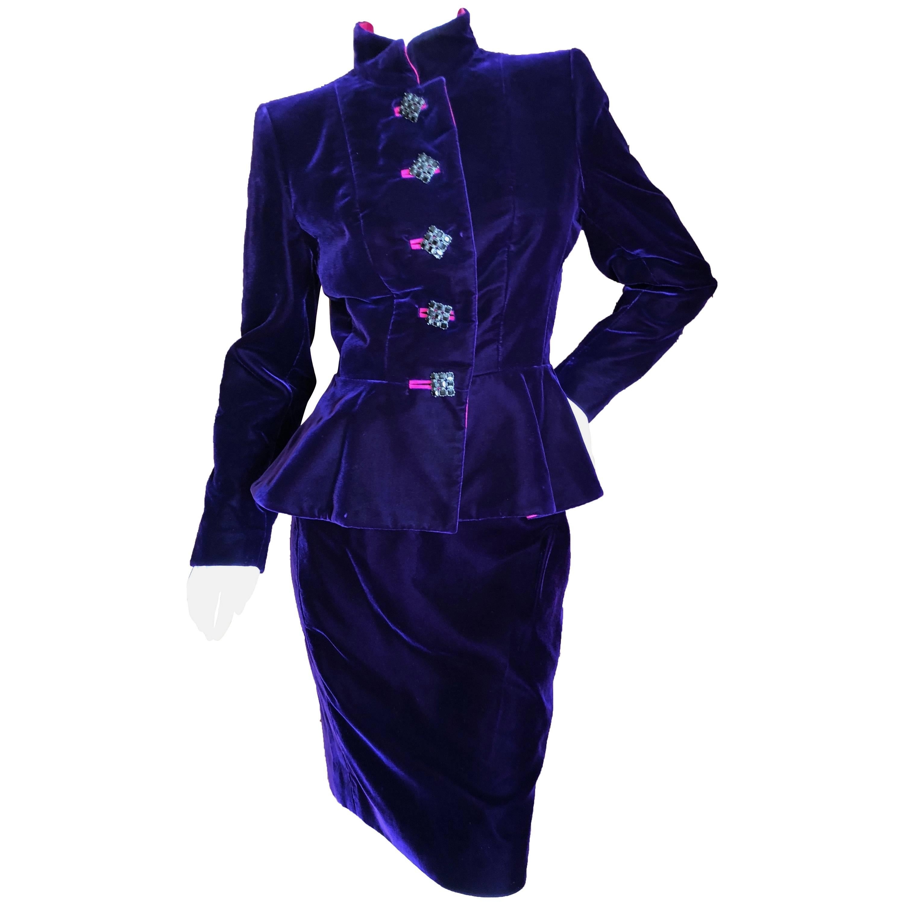 Yves Saint Laurent Rive Gauche 1970's Purple Velvet Suit w Hot Pink Moire Trim For Sale