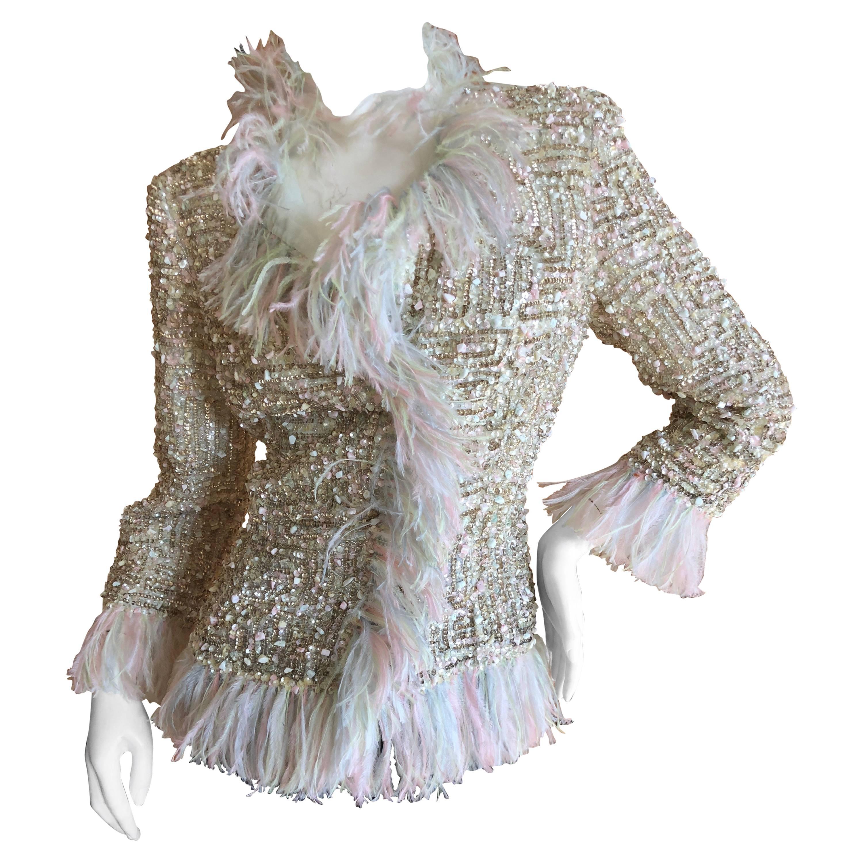Oscar de la Renta Vintage Sequin Embellished Ostrich Feather Trim Evening Jacket