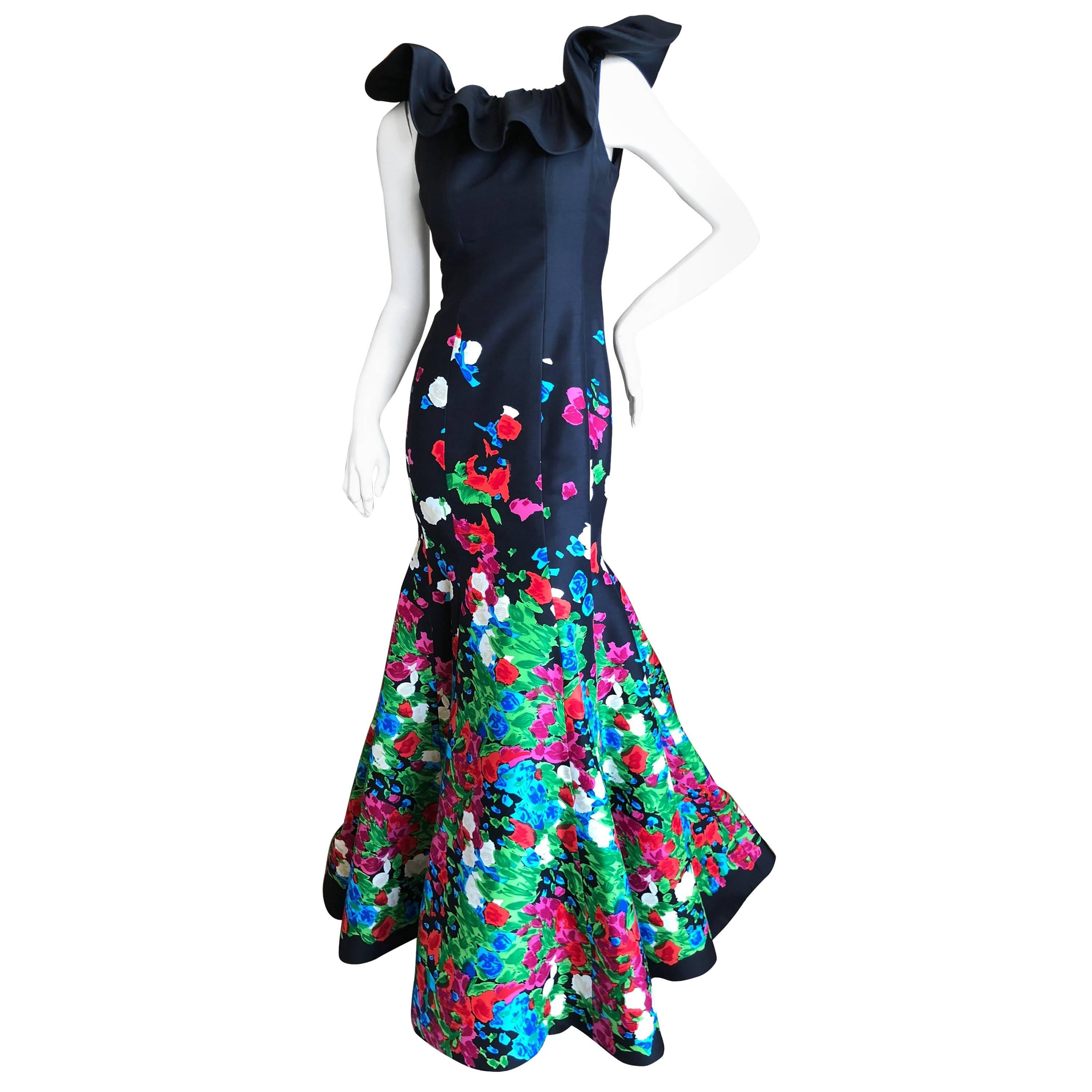 Oscar de la Renta Romantic Vintage Floral Embellished Black Silk Mermaid Dress  For Sale