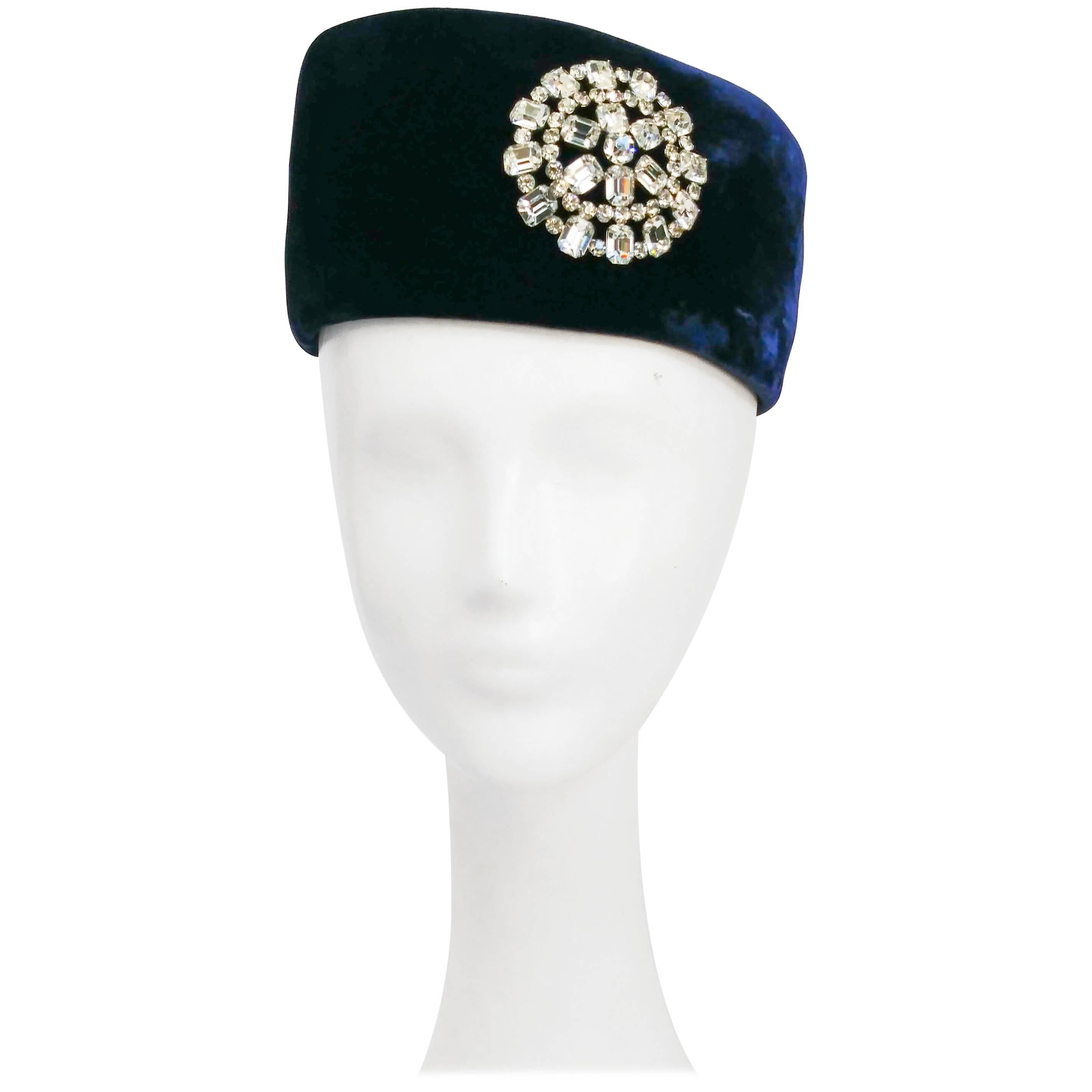 1960s Blue Velvet Hat with Rhinestone Embellishment