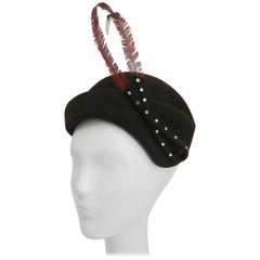Retro 1950 Brown Felt hat with Feather and Rhinestone Embellishment