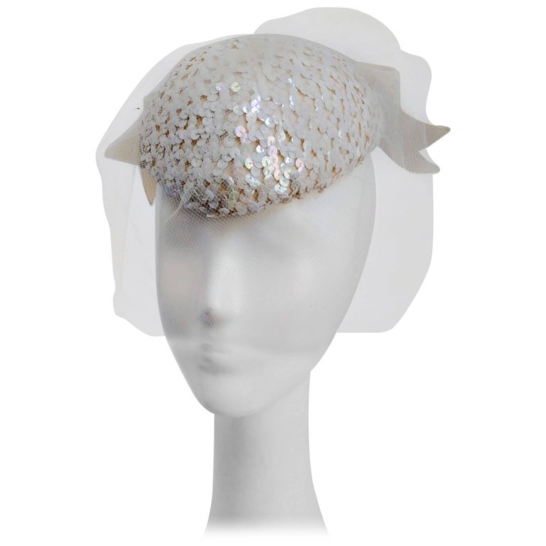 1980's Mr. John Cream Sequin Hat with Veil at 1stDibs