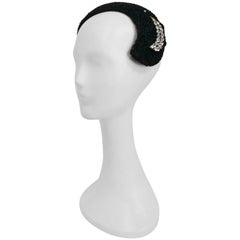 1950s Black I. Magnin Cocktail Hat with Rhinestone Crescent Moon