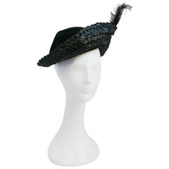 Vintage 1930's Black Silk Velvet and Raffia Hat