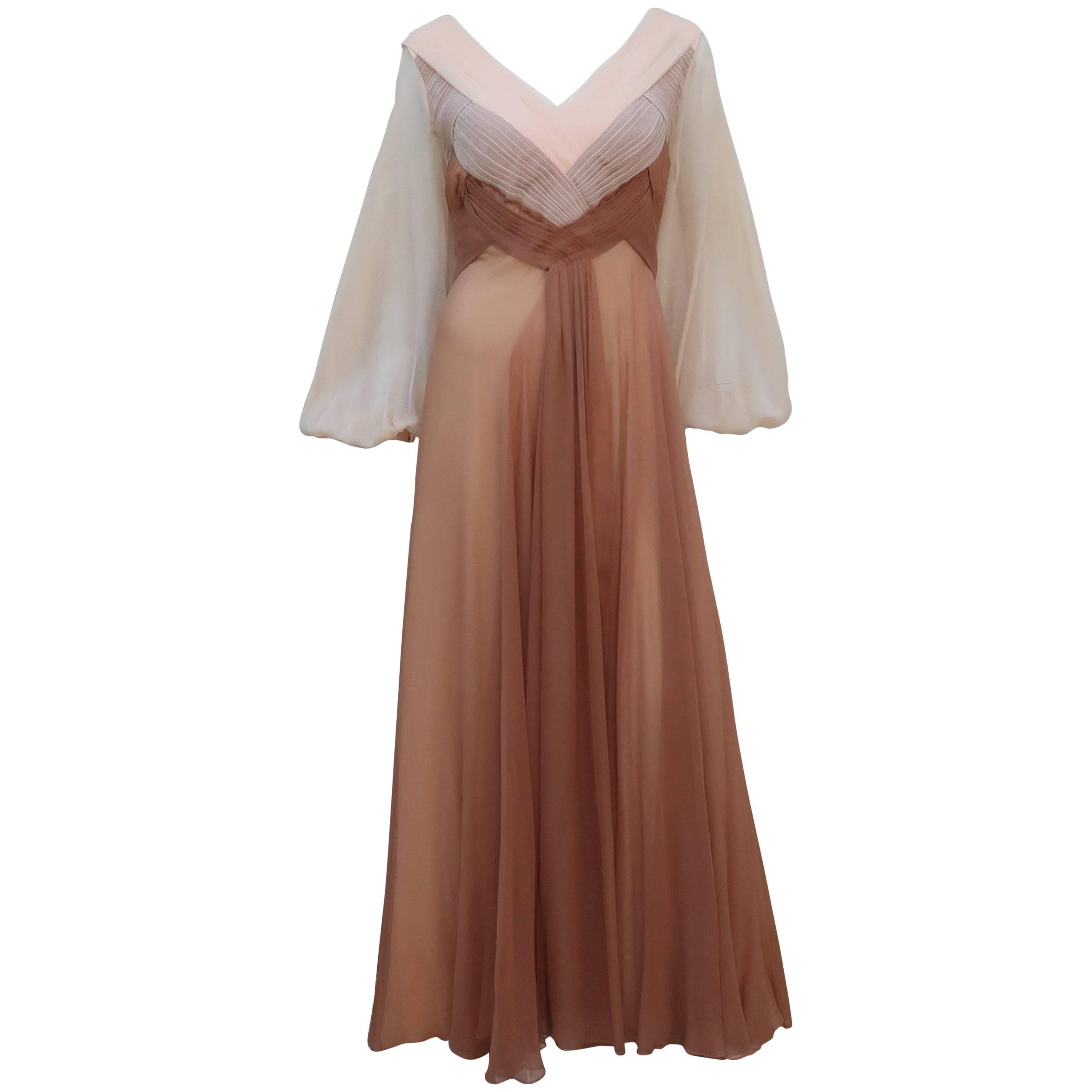C.1970 Richilene Silk Chiffon Goddess Evening Dress