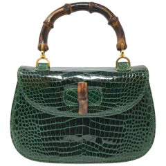 Gucci Vintage Bamboo Green Crocodile Leather Bag
