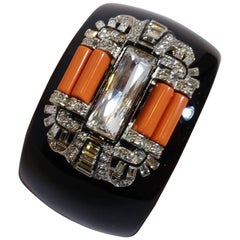 Kenneth Jay Lane Signed Deco Style Clamper Bracelet with Faux Coral