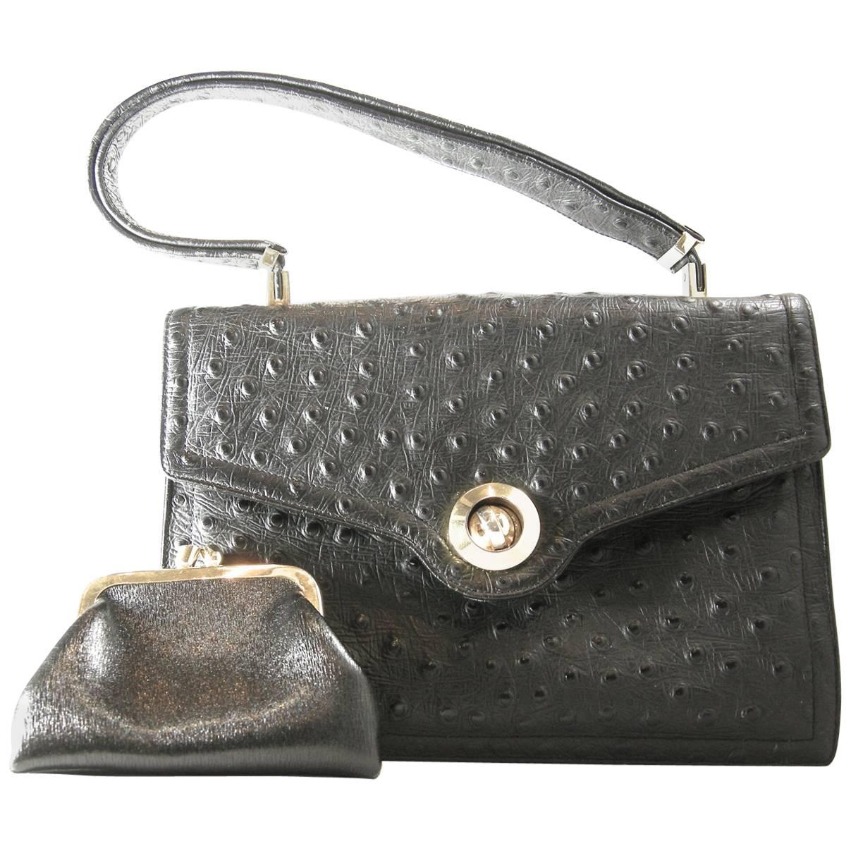 Vintage Rare Black Koret Genuine Full Quill Ostrich Handbag  For Sale