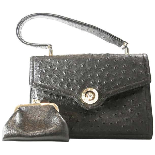 Vintage Rare Black Koret Genuine Full Quill Ostrich Handbag For Sale at ...