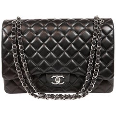 Chanel Black Lambskin Classic Maxi Double Flap Bag with Silver Hardware