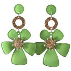 Huge 4” Green Lucite & Crystal Floral Runway Earrings