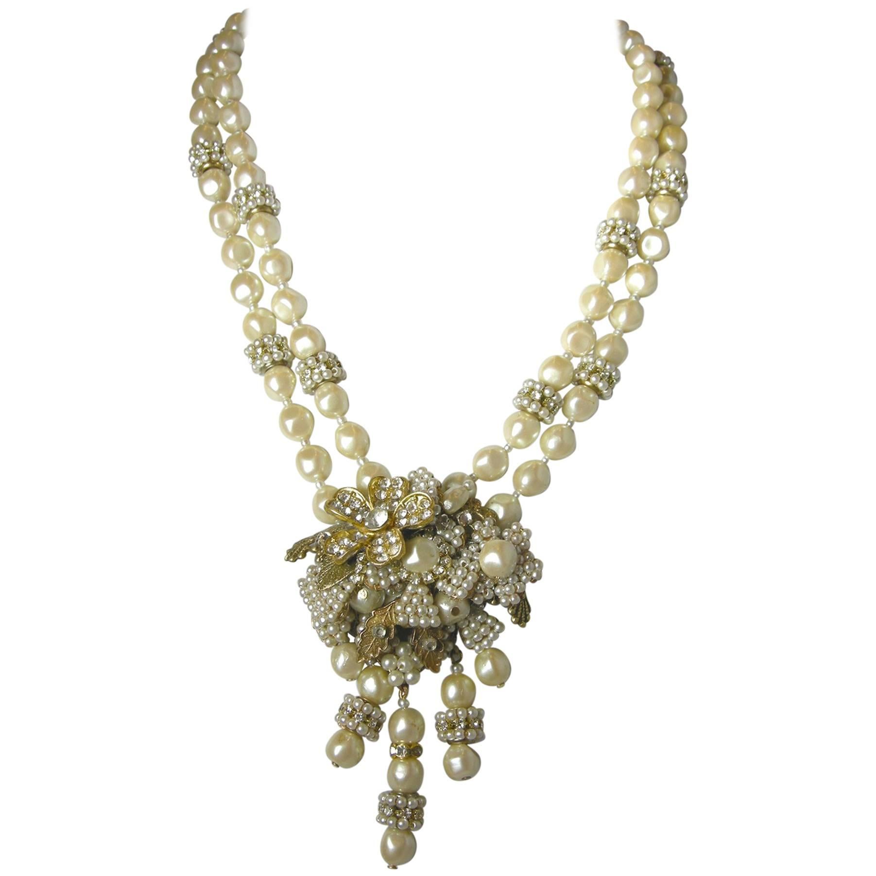 Miriam Haskell Vintage Faux Pearl Double Strand Floral Drop Necklace