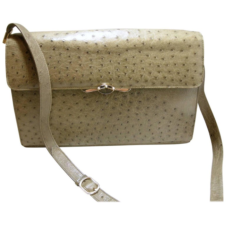 Vintage 1940s Full Quill Genuine Ostrich Low Key Olive Color Handbag For Sale at 1stDibs