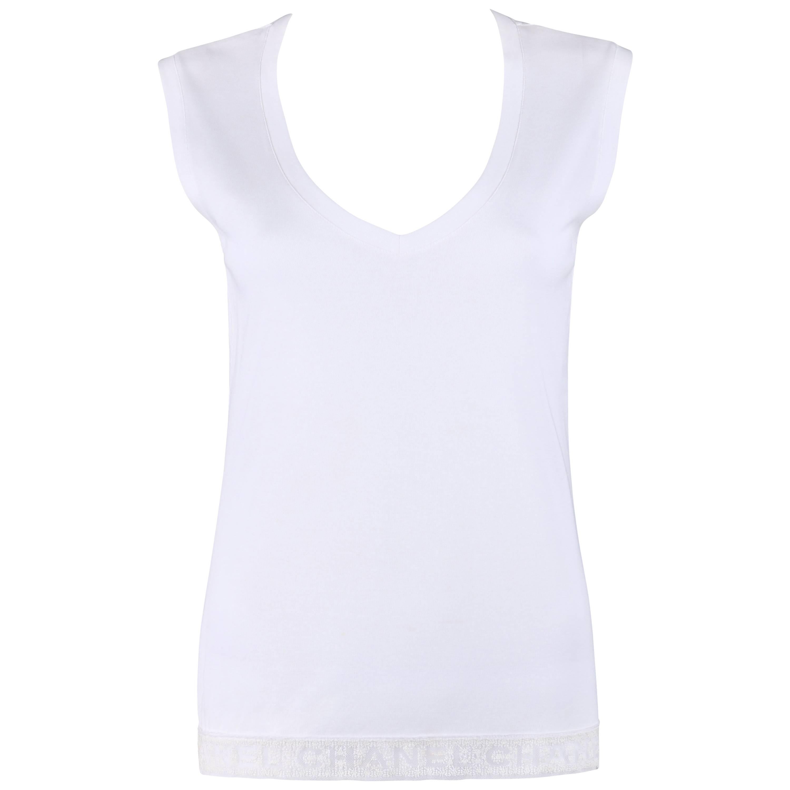 CHANEL White Knit Signature Lace Hem Extended Shoulder V Neck Tee Shirt Top 