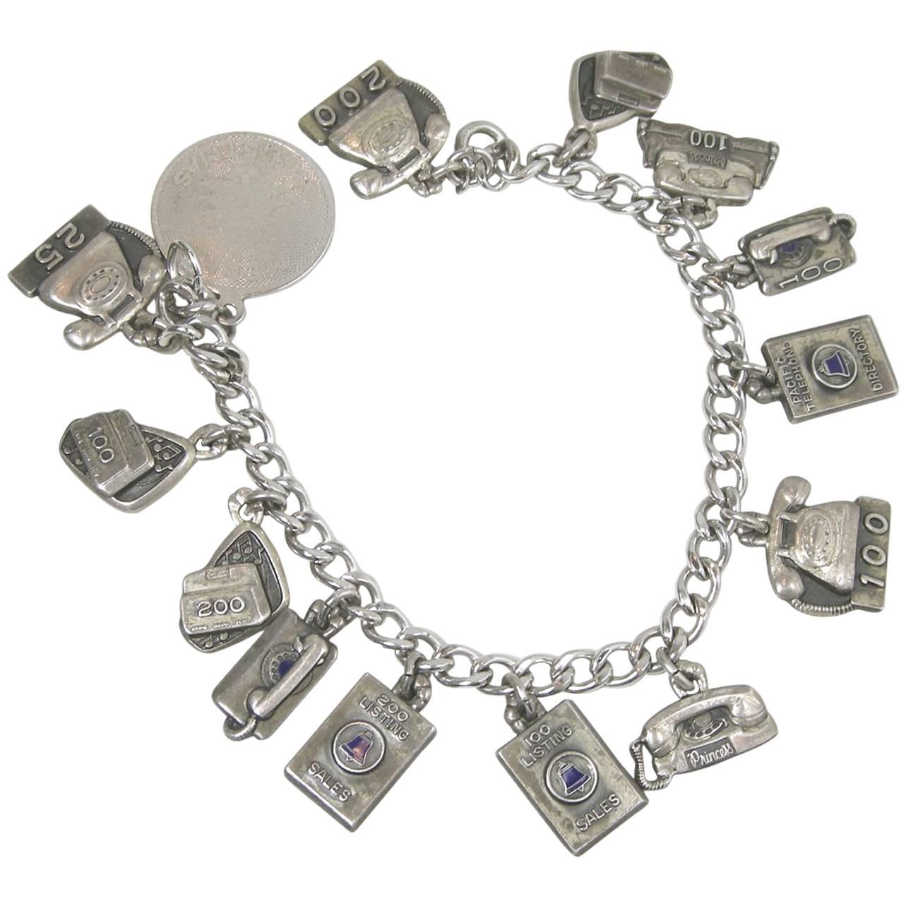 SALE Genuine Sterling Silver MID CENTURY Charm Bracelet With Eight Charms