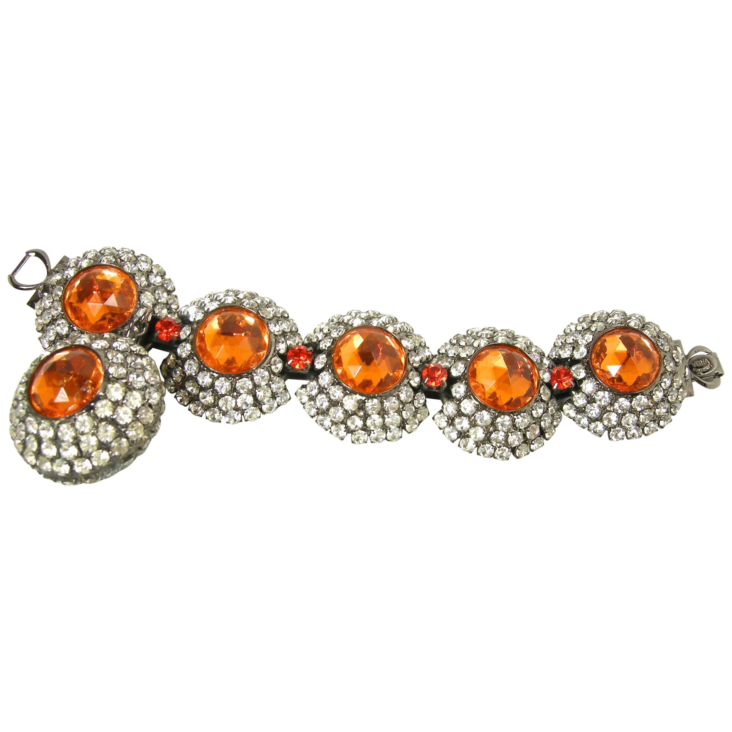 Huge Vintage Larry Vrba 1970s Huge Crystal And Orange Stone Bracelet For Sale