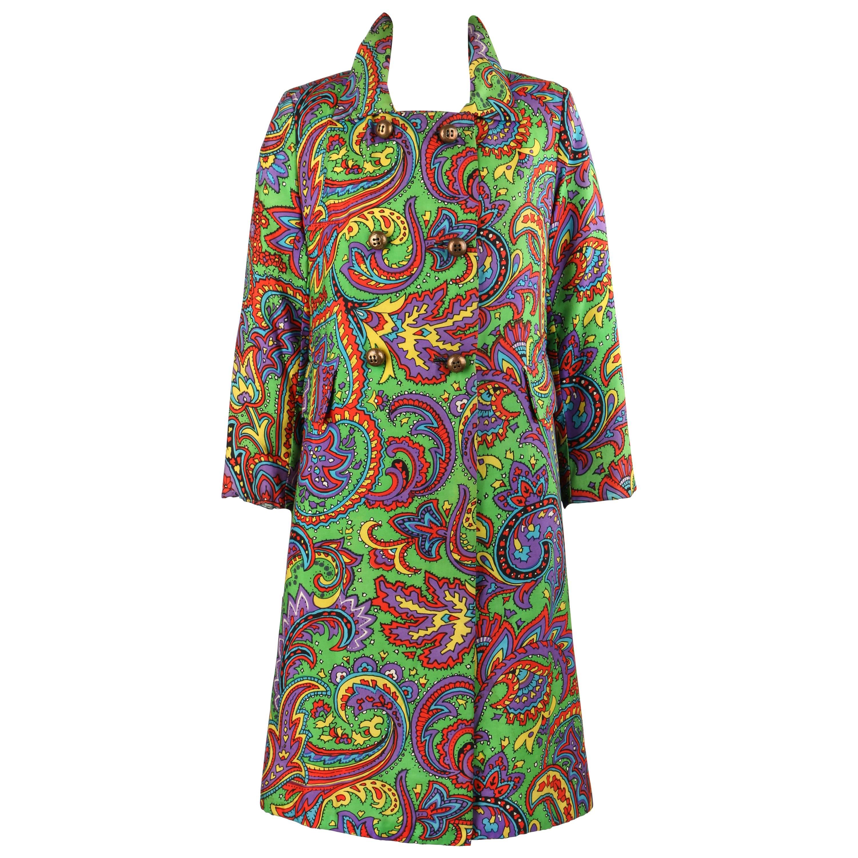 BILL BLASS For Bond Street c.1970s Multicolor Paisley Print Double Breasted Coat