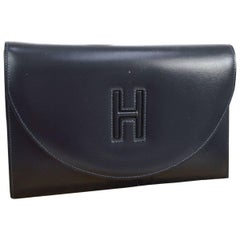 Vintage HERMES Dark Blue Leather H Logo Envelope Carryall Evening Clutch Flap Bag