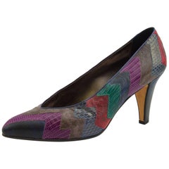 1980s Andrea Pfister Chevron Patchwork Exotic Skin Pumps 