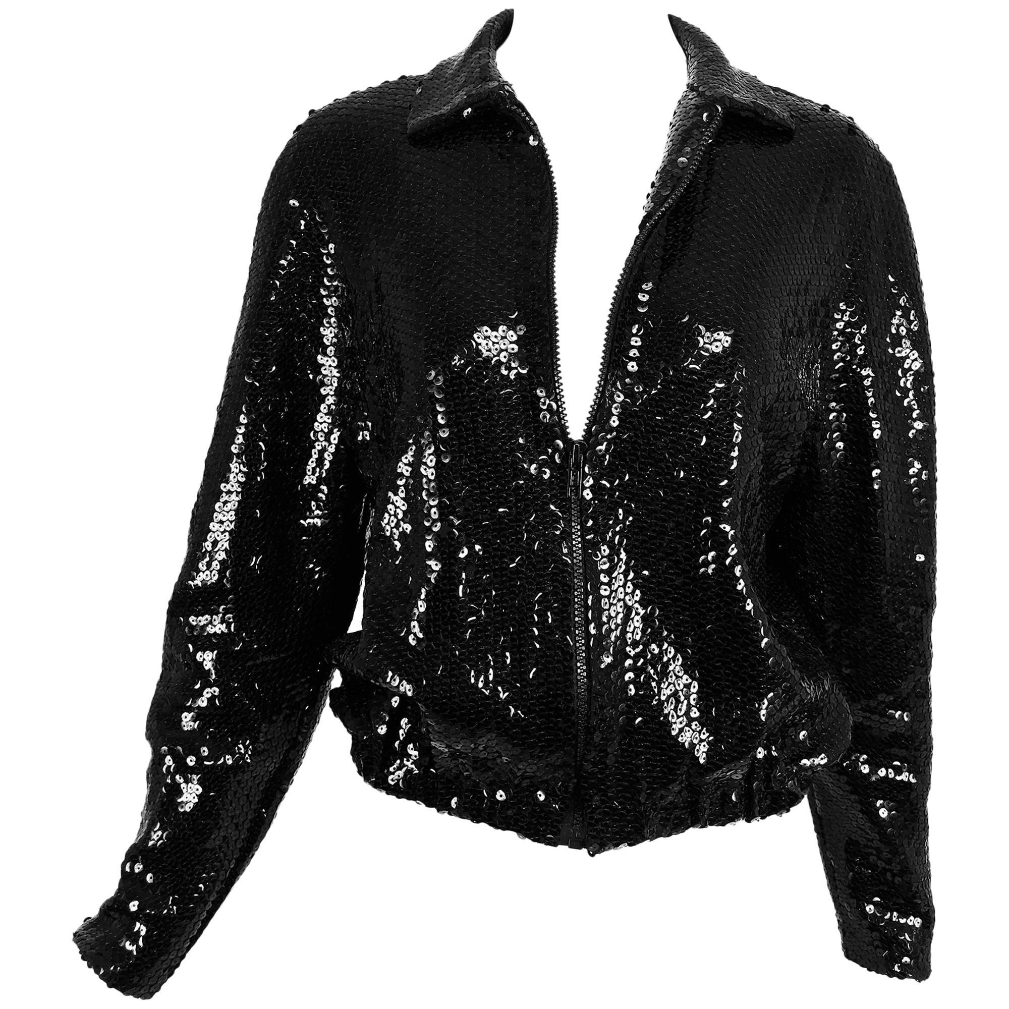 Halston black sequin zip front cropped jacket, 1970s