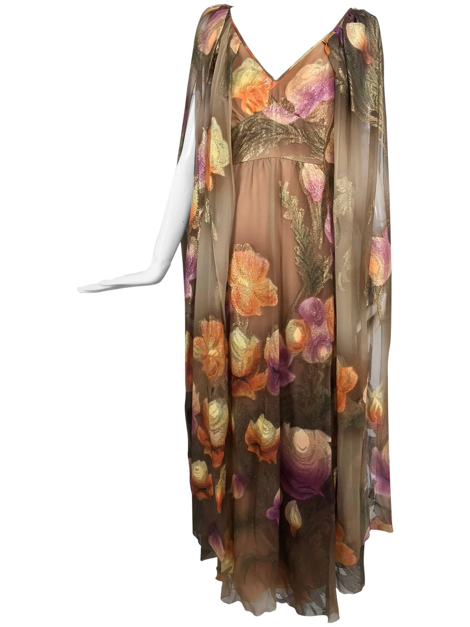 Lilija Nicis hand painted metallic silk chiffon gown, 1960s