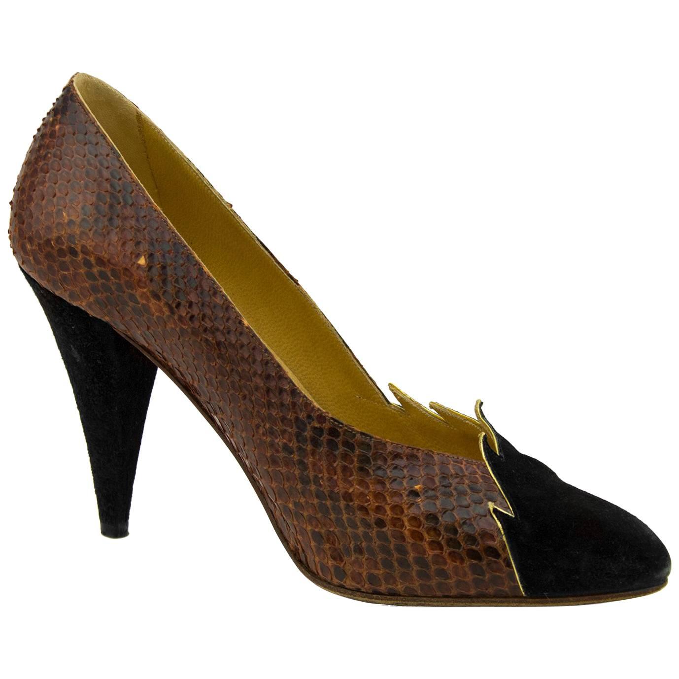 1980s Maud Frizon Black Suede and Exotic Skin Pumps 
