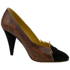 1980s Maud Frizon Black Suede and Exotic Skin Pumps