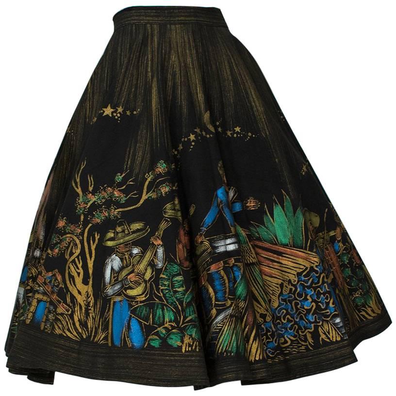 Hand Painted Mariachi Scene Mexican Circle Skirt - Jácome Estate, 1950s