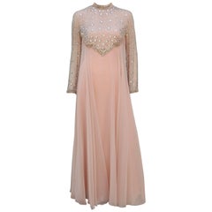 Vintage C.1970 Victoria Royal Nude Illusion Beaded Chiffon Evening Dress