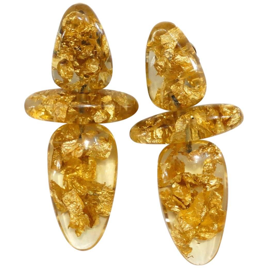 1980s Monies Gold Leaf Flake Lucite Earrings 