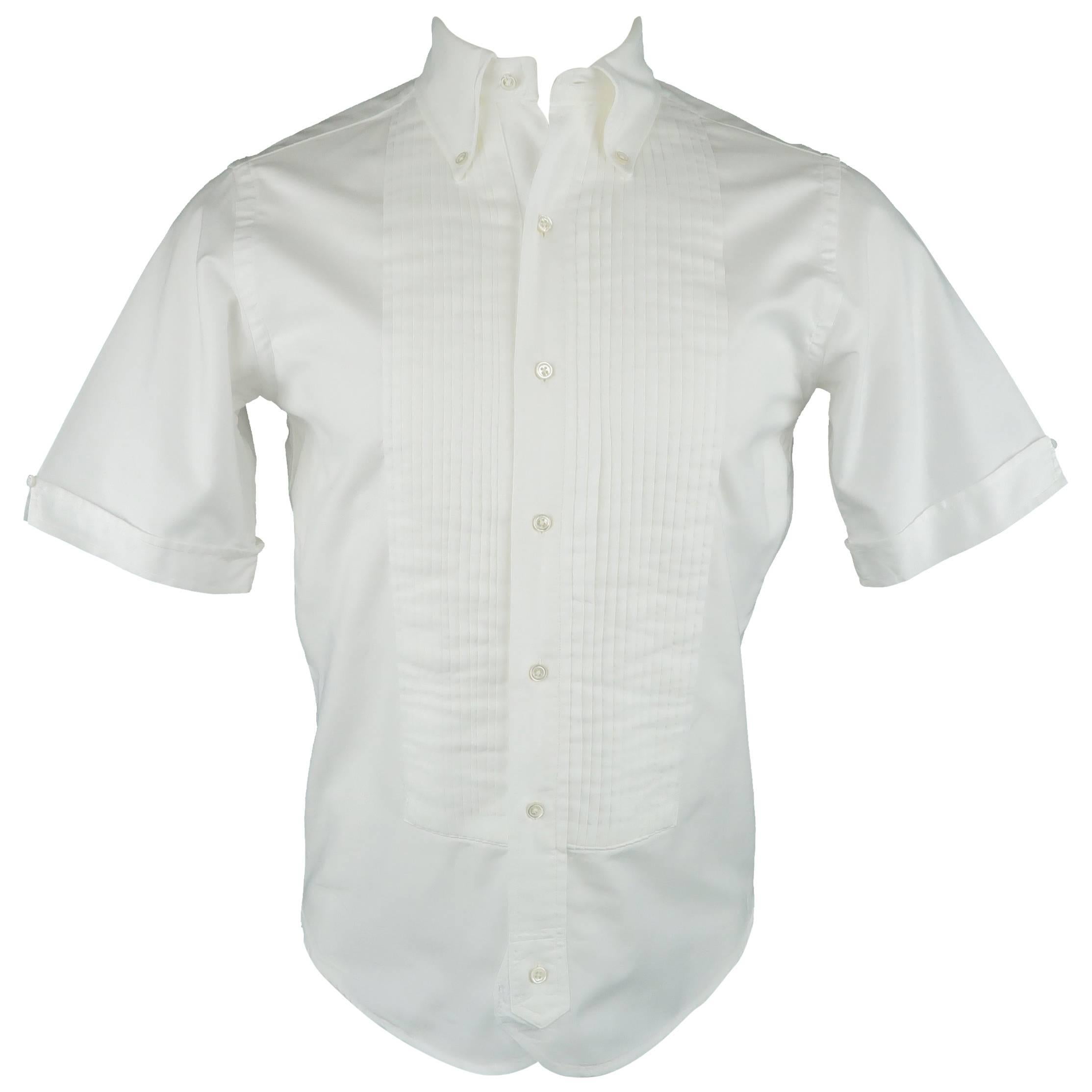Men's  BLACK FLEECE Size XS White Pleated Cotton Button Down Short Sleeve Shirt