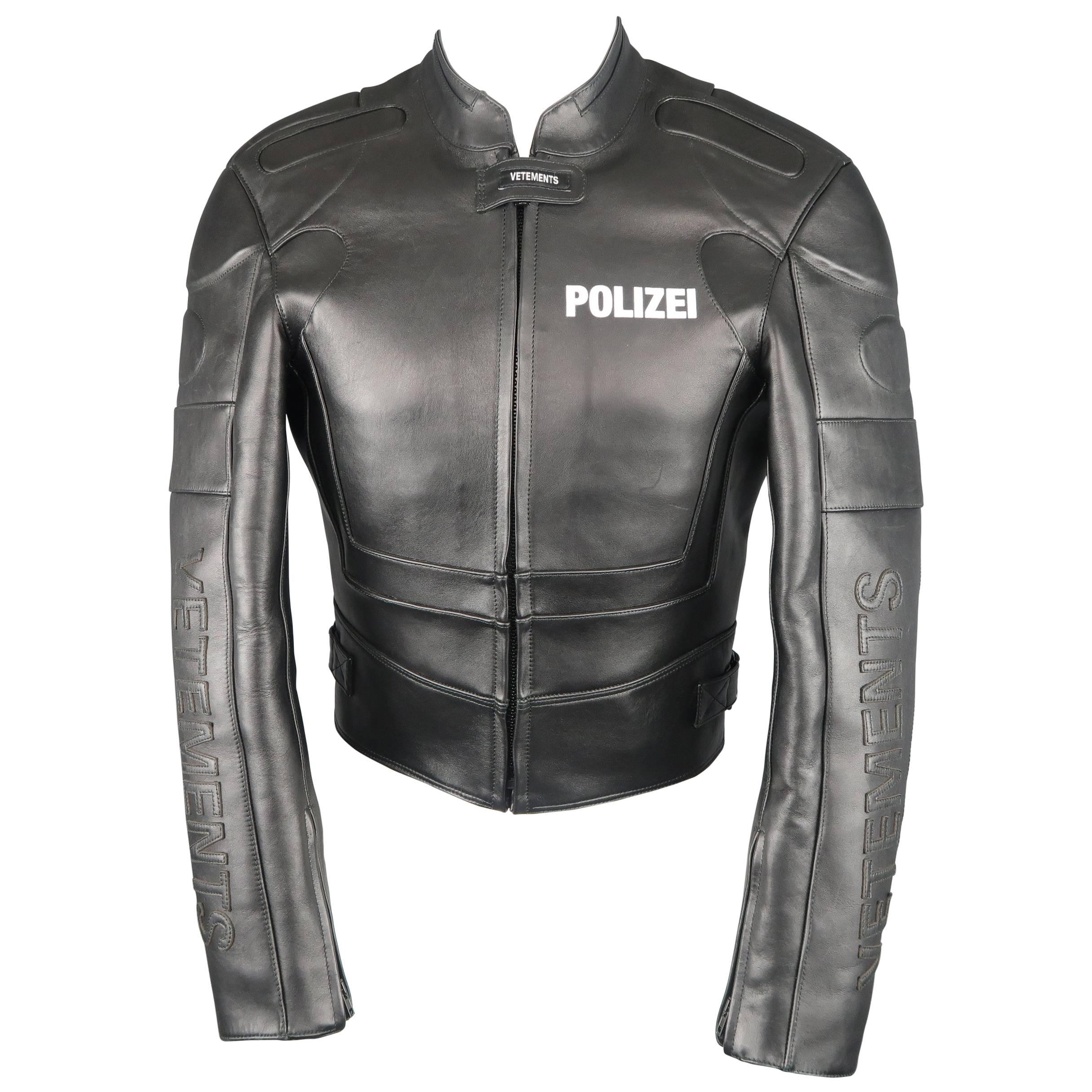 Vetements Black Leather Polizei Cropped Moto Jacket 