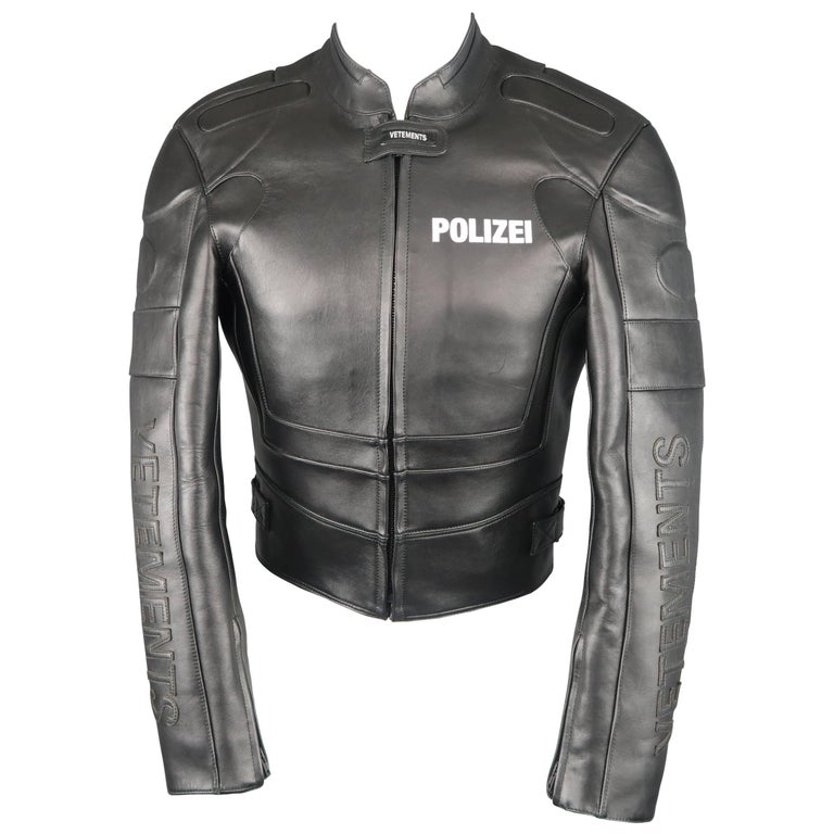 Vetements Black Leather Polizei Cropped Moto Jacket For Sale at 1stDibs