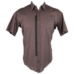 Men's DRIES VAN NOTEN Size S Brown Cotton Black Panel Short Sleeve Shirt